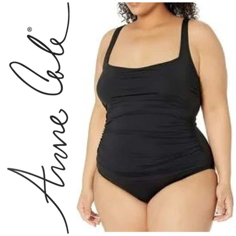 NWT Anne Cole Plus Sz 20W Black Square Neck One Piece Swim Bathing Suit NEW